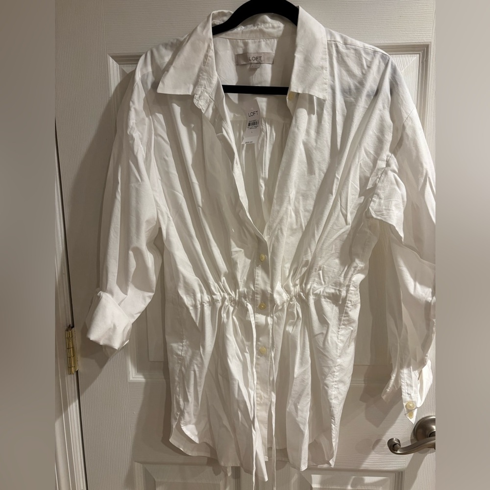 Loft, size large, tunic length, tie waist button down